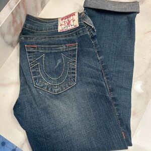 True Religion distressed, low-rise Lizzy cropped jeans w/ Contrast Stitching